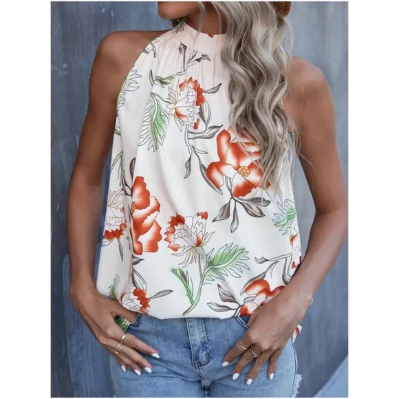 Boho Floral Print Halter Summer Tank Top - Picture 2 of 5